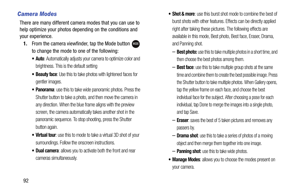 Camera modes | Samsung SM-G900AZKZAIO User Manual | Page 100 / 200