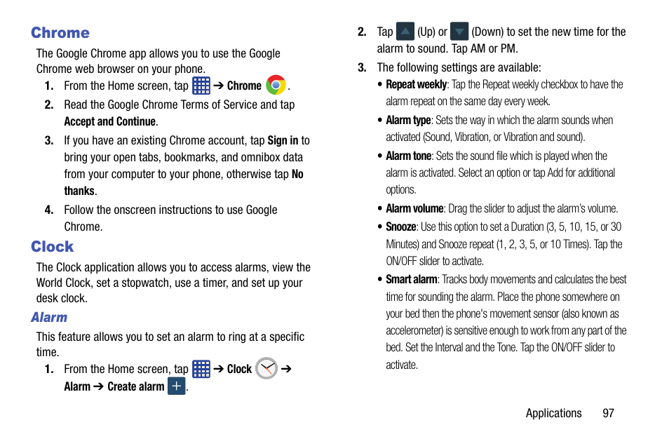 Chrome, Clock, Alarm | Chrome clock | Samsung SM-G900AZKZAIO User Manual | Page 105 / 200