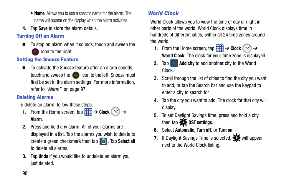 Turning off an alarm, Setting the snooze feature, Deleting alarms | World clock | Samsung SM-G900AZKZAIO User Manual | Page 106 / 200