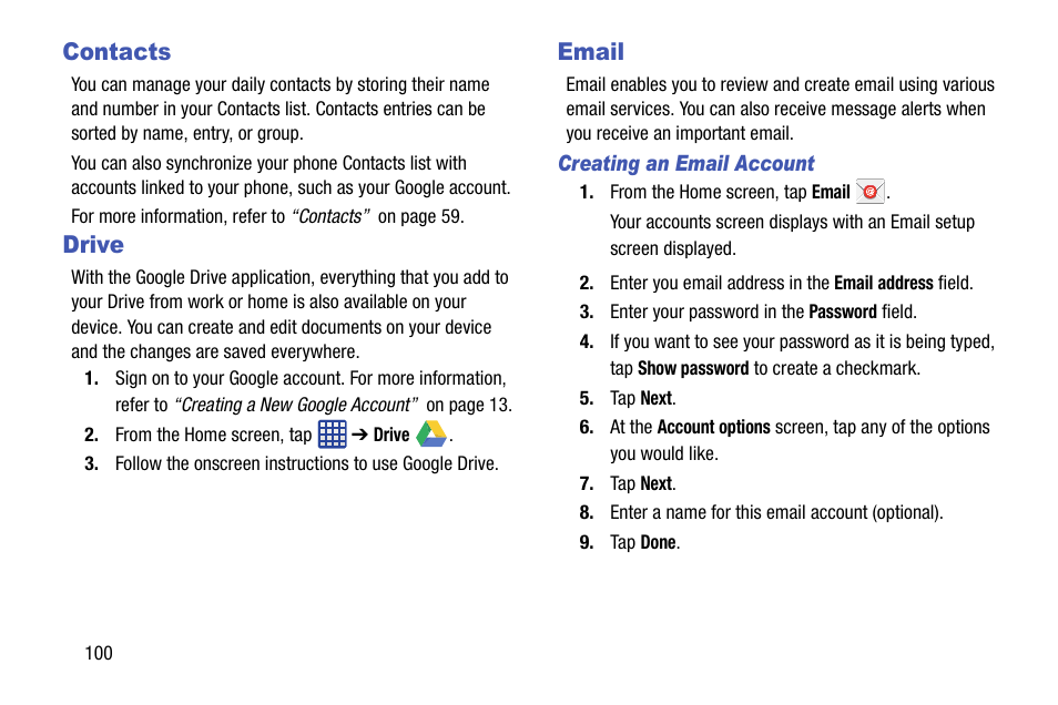 Contacts, Drive, Email | Creating an email account, Contacts drive email | Samsung SM-G900AZKZAIO User Manual | Page 108 / 200
