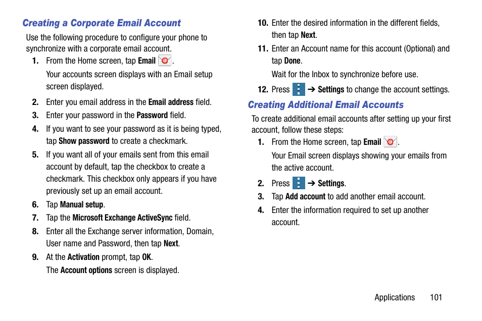 Creating a corporate email account, Creating additional email accounts | Samsung SM-G900AZKZAIO User Manual | Page 109 / 200