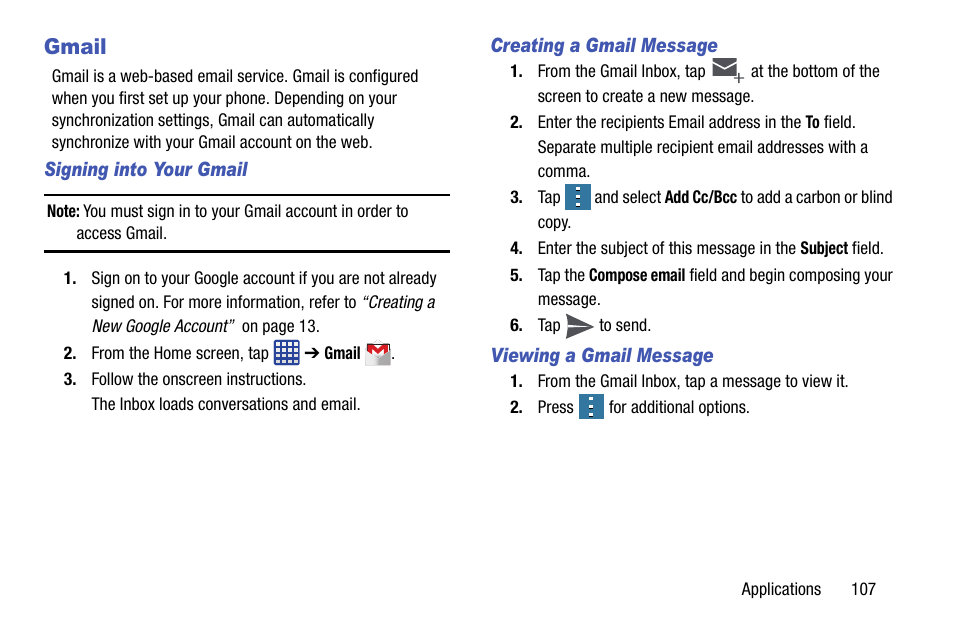 Gmail, Signing into your gmail, Creating a gmail message | Viewing a gmail message | Samsung SM-G900AZKZAIO User Manual | Page 115 / 200