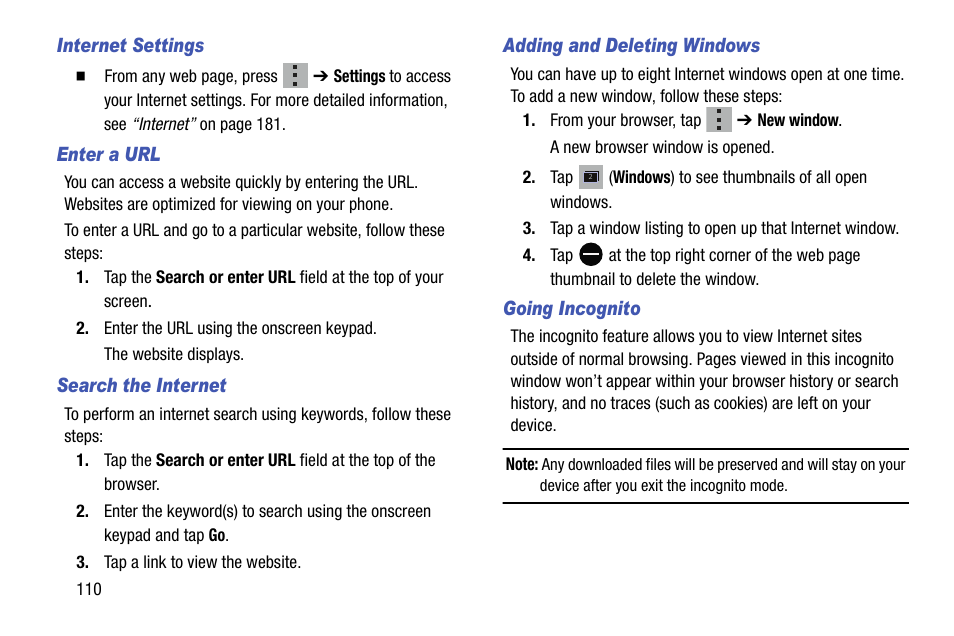 Internet settings, Enter a url, Search the internet | Adding and deleting windows, Going incognito | Samsung SM-G900AZKZAIO User Manual | Page 118 / 200