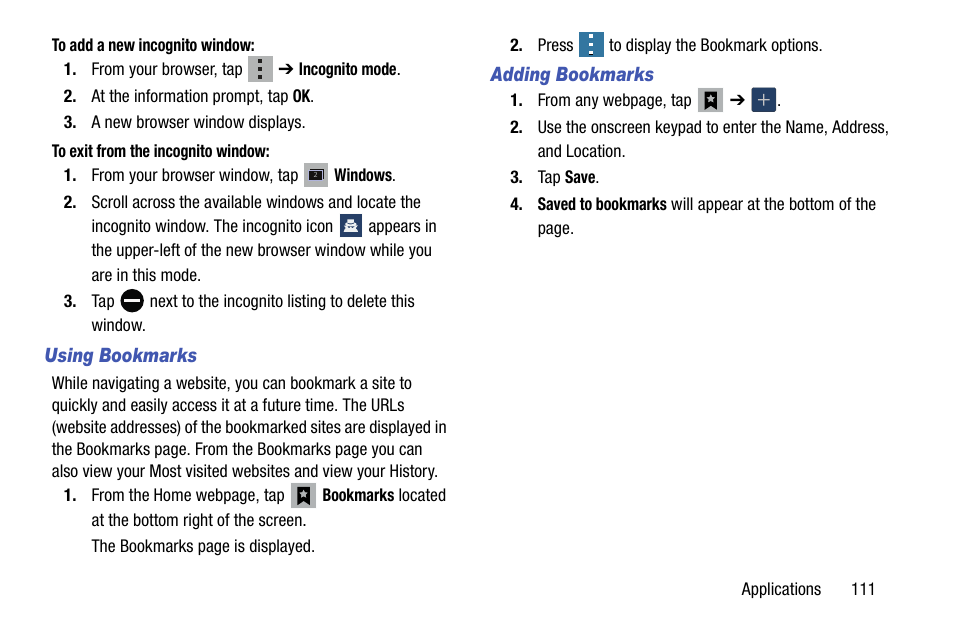 Using bookmarks, Adding bookmarks | Samsung SM-G900AZKZAIO User Manual | Page 119 / 200
