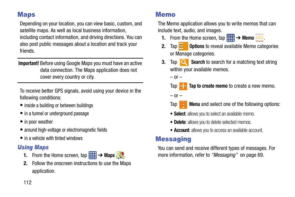 Maps, Using maps, Memo | Messaging, Maps memo messaging | Samsung SM-G900AZKZAIO User Manual | Page 120 / 200