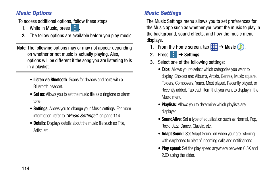 Music options, Music settings | Samsung SM-G900AZKZAIO User Manual | Page 122 / 200