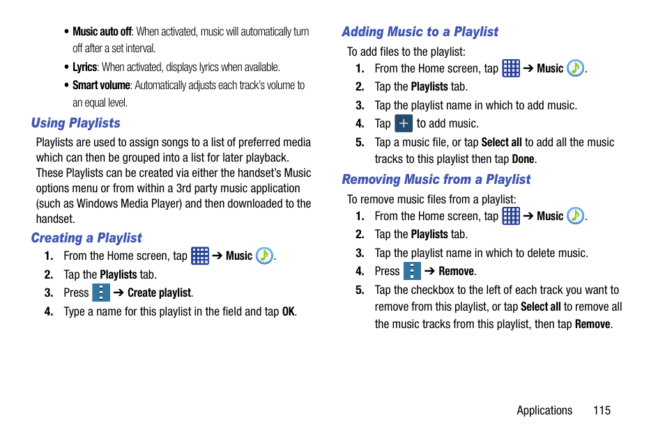Using playlists, Creating a playlist, Adding music to a playlist | Removing music from a playlist | Samsung SM-G900AZKZAIO User Manual | Page 123 / 200