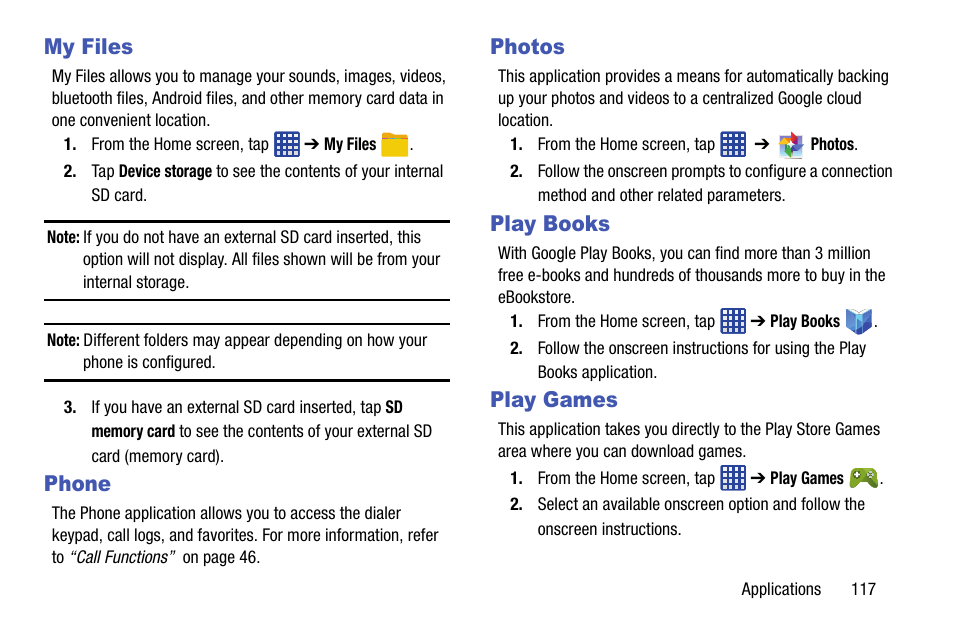 My files, Phone, Photos | Play books, Play games, My files phone photos play books play games | Samsung SM-G900AZKZAIO User Manual | Page 125 / 200