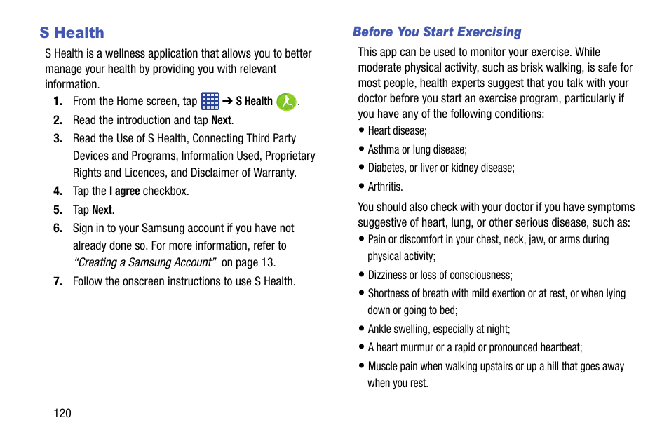 S health, Before you start exercising, Pp, see “s health” on | Samsung SM-G900AZKZAIO User Manual | Page 128 / 200