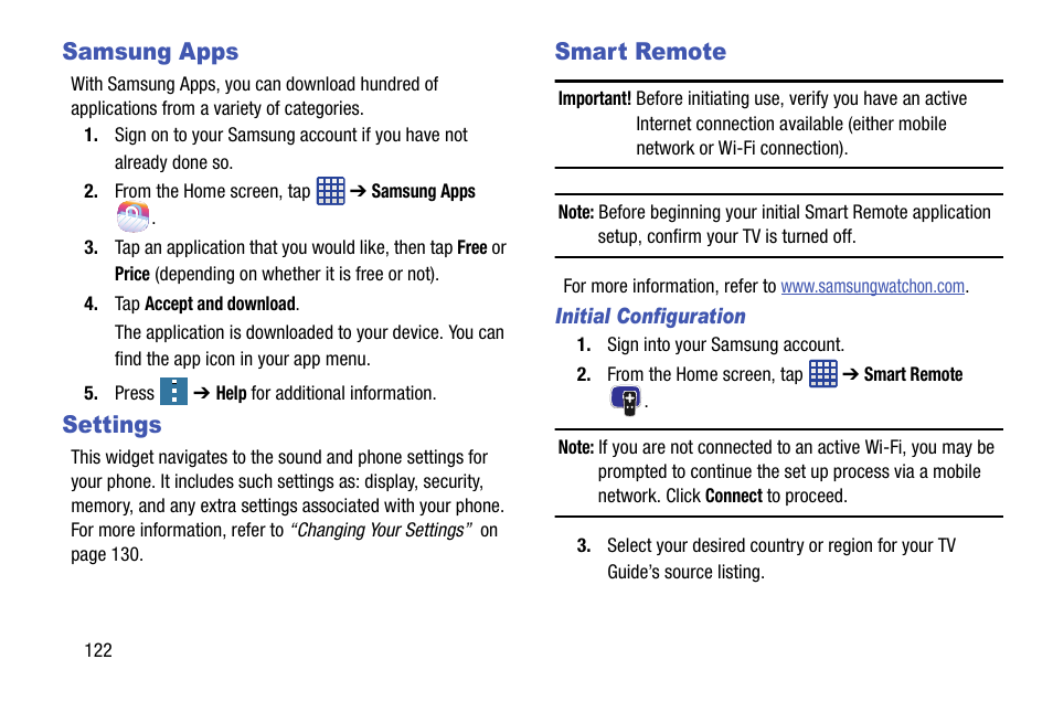 Samsung apps, Settings, Smart remote | Initial configuration, Samsung apps settings smart remote, Vices. for more information | Samsung SM-G900AZKZAIO User Manual | Page 130 / 200