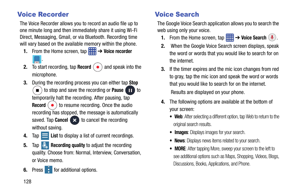 Voice recorder, Voice search, Voice recorder voice search | Samsung SM-G900AZKZAIO User Manual | Page 136 / 200