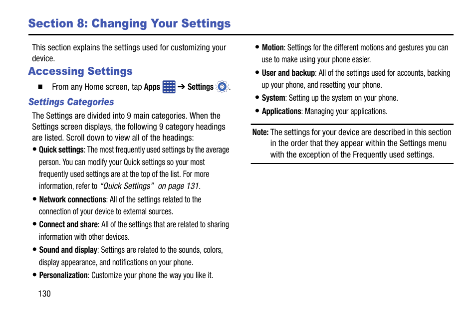 Section 8: changing your settings, Accessing settings, Settings categories | Samsung SM-G900AZKZAIO User Manual | Page 138 / 200