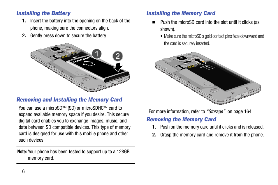 Installing the battery, Removing and installing the memory card, Installing the memory card | Removing the memory card | Samsung SM-G900AZKZAIO User Manual | Page 14 / 200
