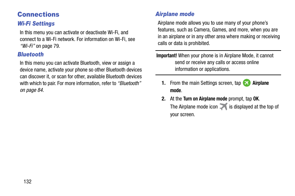 Connections, Wi-fi settings, Bluetooth | Airplane mode | Samsung SM-G900AZKZAIO User Manual | Page 140 / 200