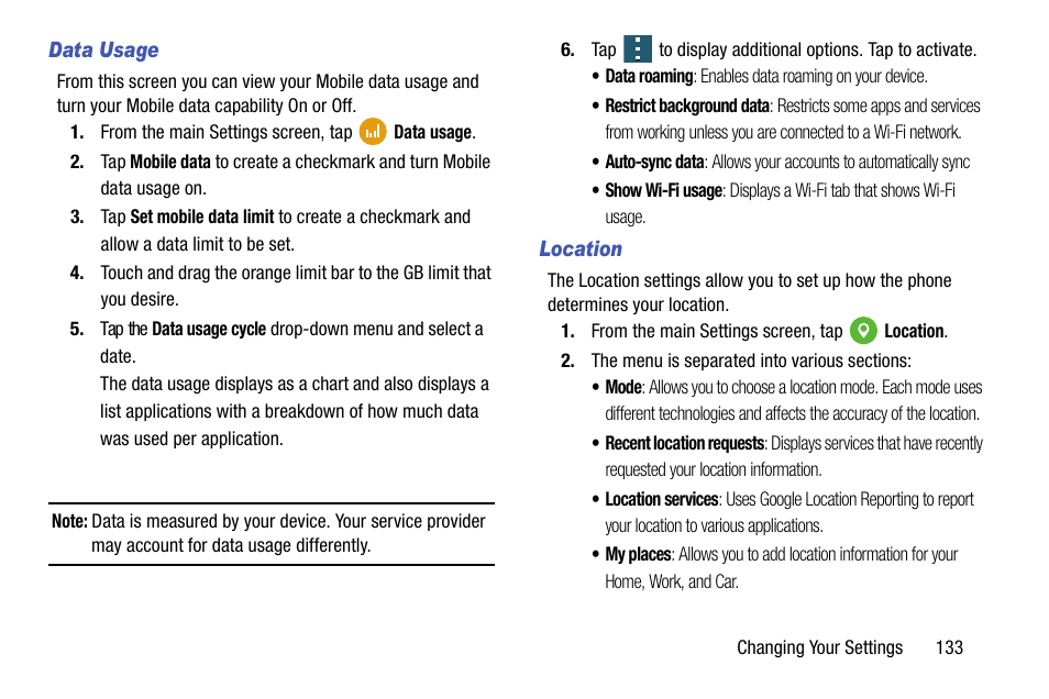Data usage, Location | Samsung SM-G900AZKZAIO User Manual | Page 141 / 200
