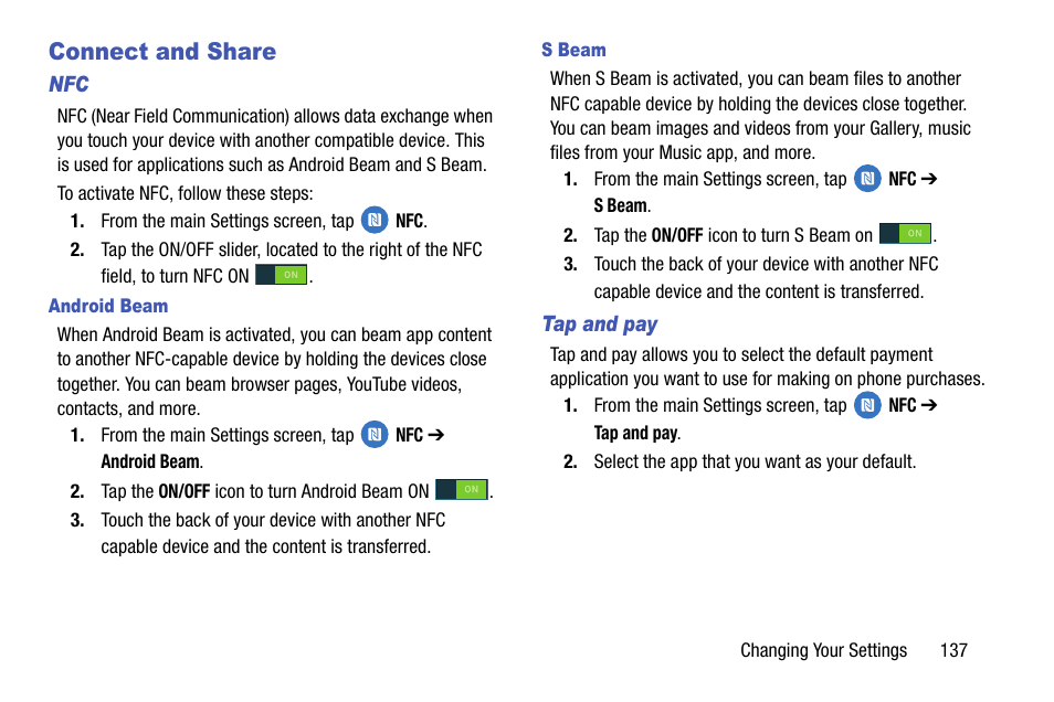 Connect and share, Android beam, S beam | Tap and pay | Samsung SM-G900AZKZAIO User Manual | Page 145 / 200