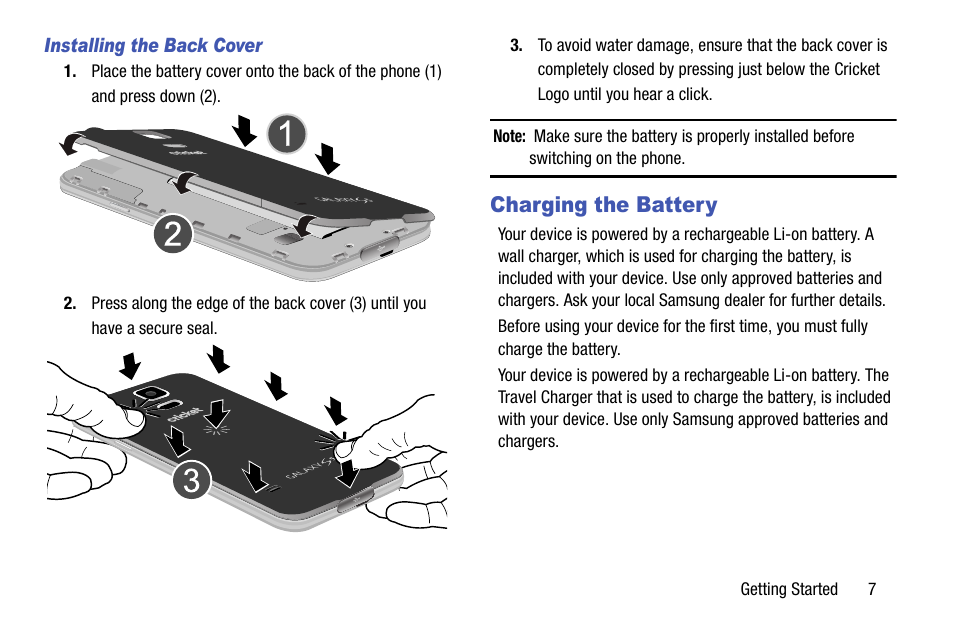 Installing the back cover, Charging the battery | Samsung SM-G900AZKZAIO User Manual | Page 15 / 200