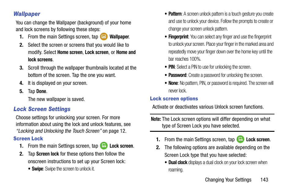 Wallpaper, Lock screen settings, Screen lock | Lock screen options | Samsung SM-G900AZKZAIO User Manual | Page 151 / 200