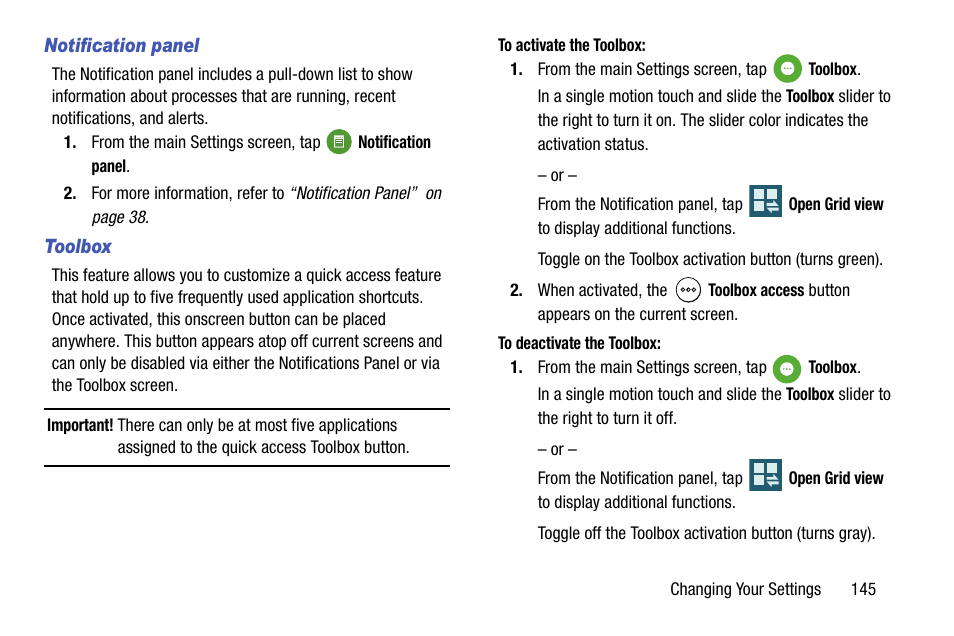 Notification panel, Toolbox | Samsung SM-G900AZKZAIO User Manual | Page 153 / 200