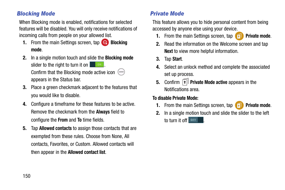Blocking mode, Private mode | Samsung SM-G900AZKZAIO User Manual | Page 158 / 200
