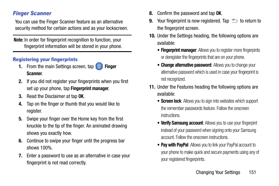 Finger scanner, Registering your fingerprints | Samsung SM-G900AZKZAIO User Manual | Page 159 / 200