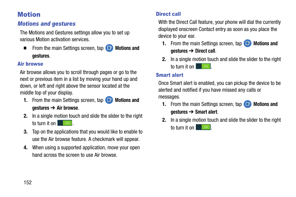 Motion, Motions and gestures, Air browse | Direct call, Smart alert | Samsung SM-G900AZKZAIO User Manual | Page 160 / 200