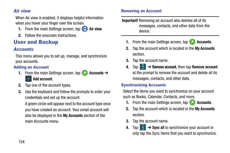 Air view, User and backup, Accounts | Adding an account, Removing an account, Synchronizing accounts | Samsung SM-G900AZKZAIO User Manual | Page 162 / 200