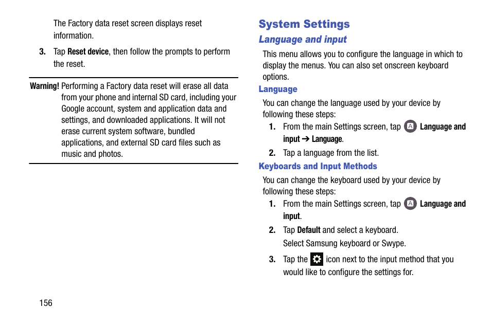 System settings, Language and input, Language | Keyboards and input methods | Samsung SM-G900AZKZAIO User Manual | Page 164 / 200