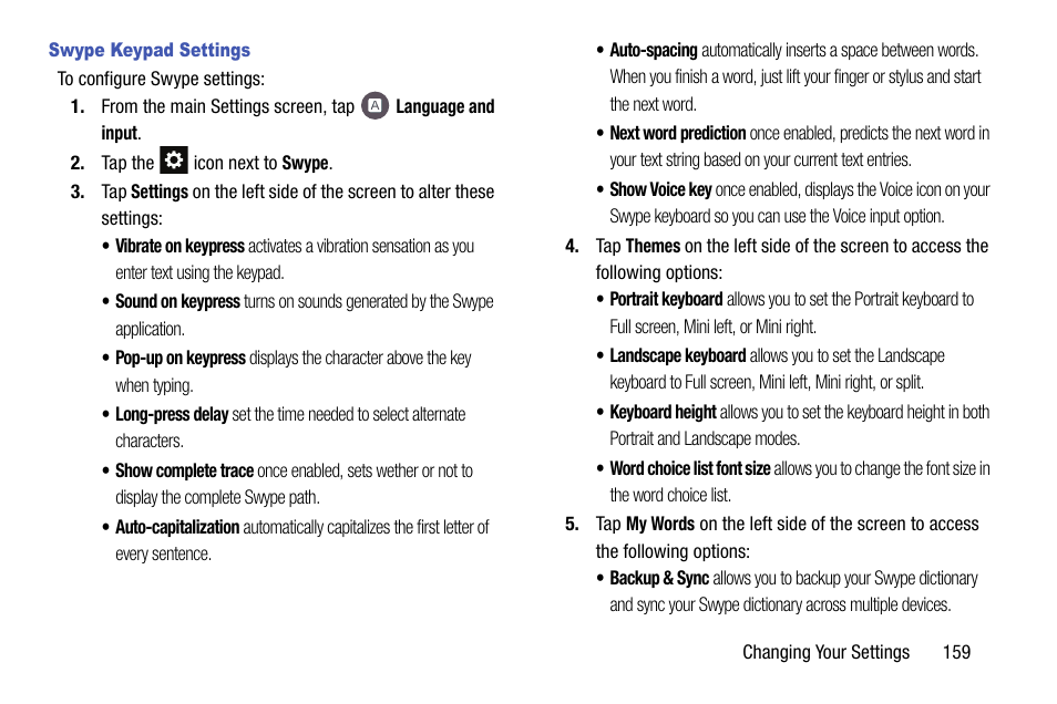 Swype keypad settings | Samsung SM-G900AZKZAIO User Manual | Page 167 / 200
