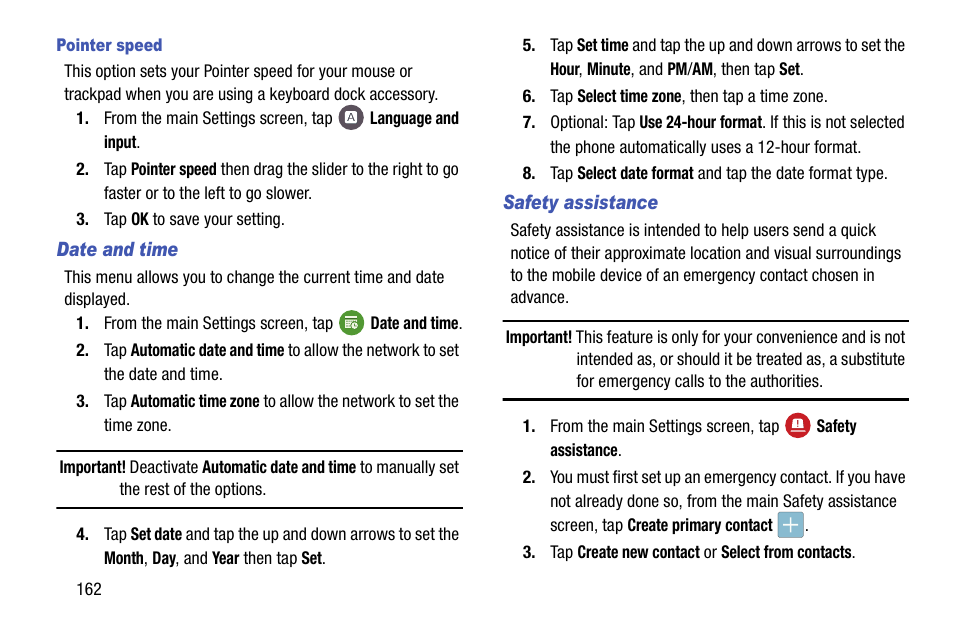 Pointer speed, Date and time, Safety assistance | Samsung SM-G900AZKZAIO User Manual | Page 170 / 200