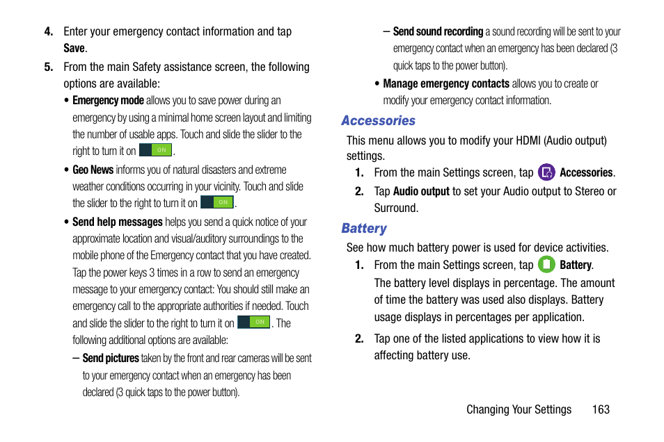 Accessories, Battery | Samsung SM-G900AZKZAIO User Manual | Page 171 / 200