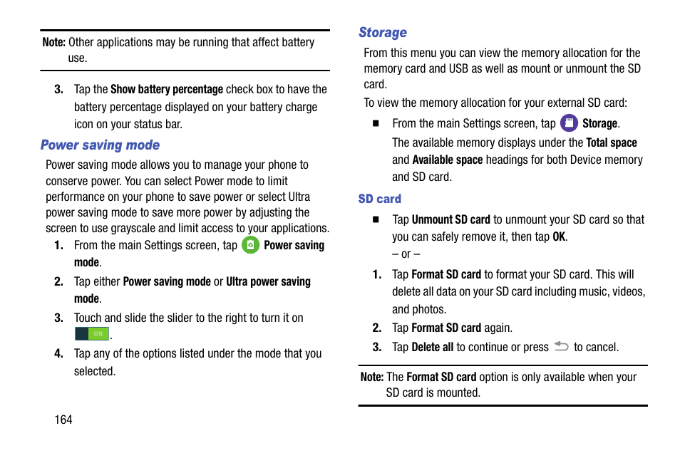 Power saving mode, Storage, Sd card | Samsung SM-G900AZKZAIO User Manual | Page 172 / 200