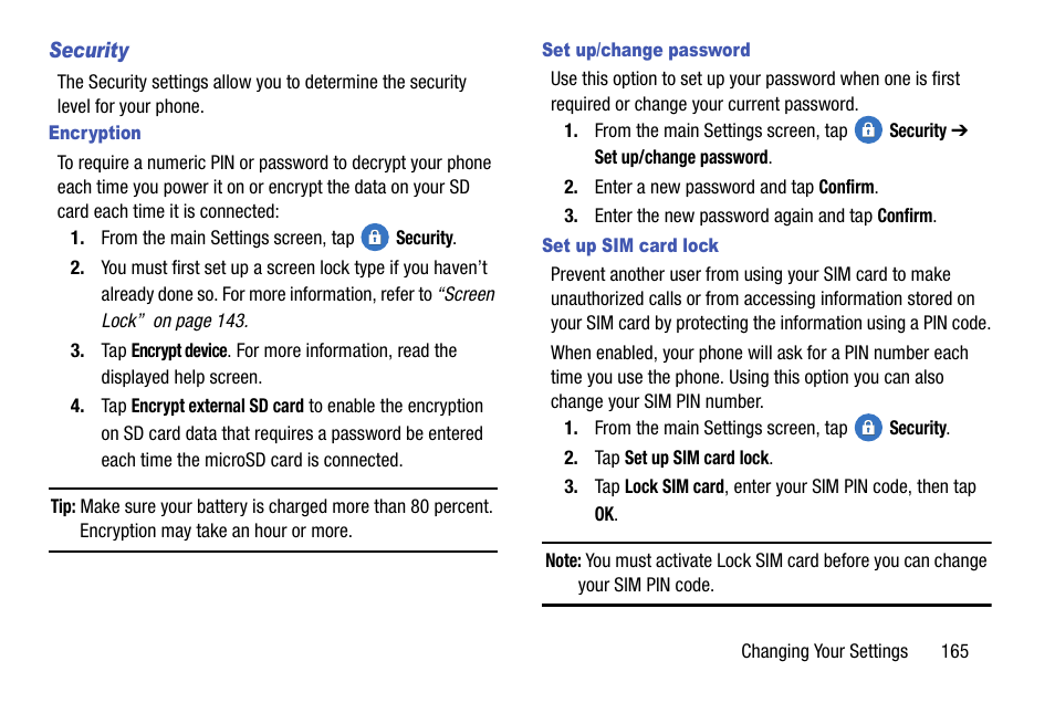 Security, Encryption, Set up/change password | Set up sim card lock | Samsung SM-G900AZKZAIO User Manual | Page 173 / 200