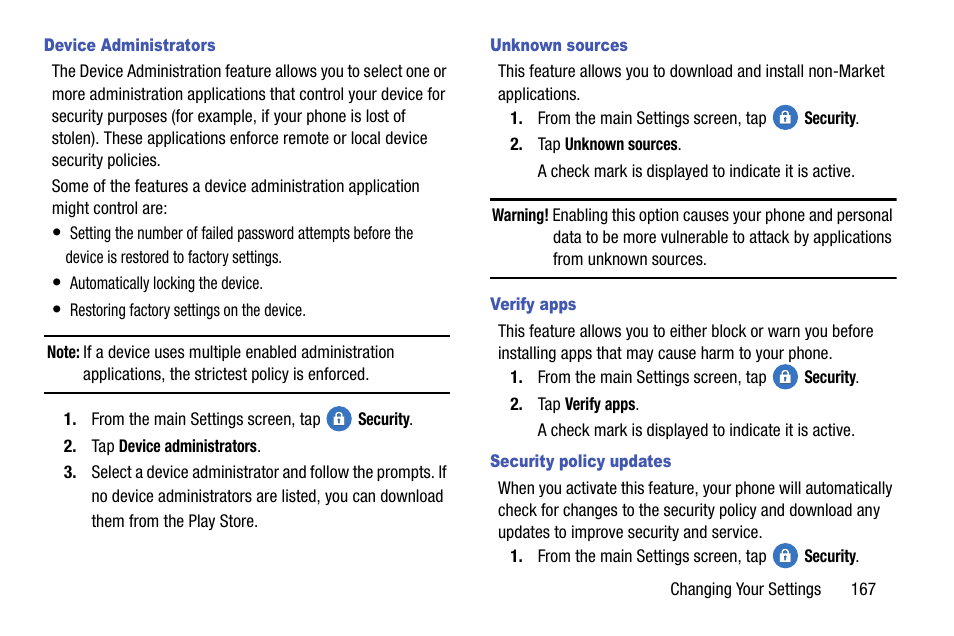 Device administrators, Unknown sources, Verify apps | Security policy updates | Samsung SM-G900AZKZAIO User Manual | Page 175 / 200