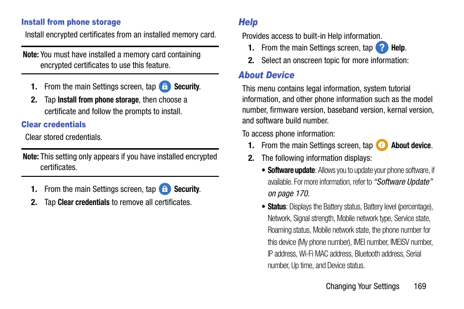 Install from phone storage, Clear credentials, Help | About device | Samsung SM-G900AZKZAIO User Manual | Page 177 / 200