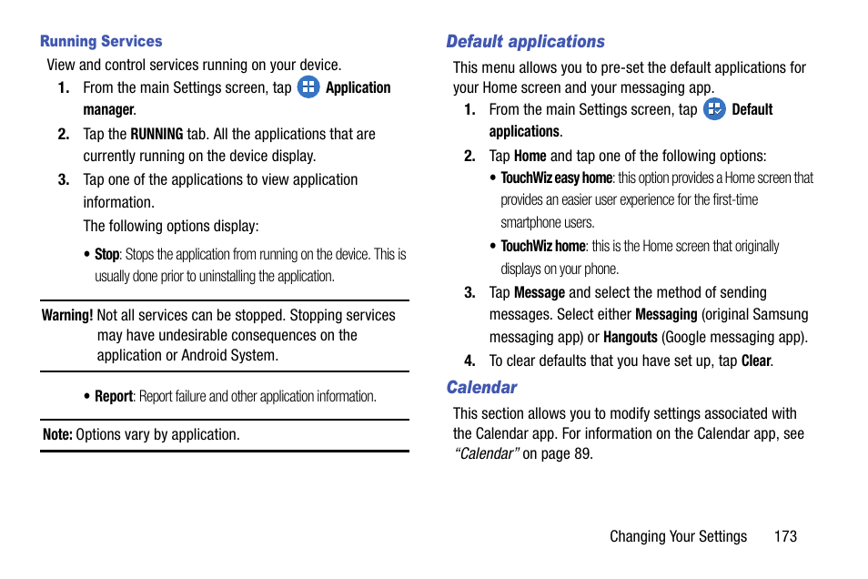 Running services, Default applications, Calendar | Samsung SM-G900AZKZAIO User Manual | Page 181 / 200