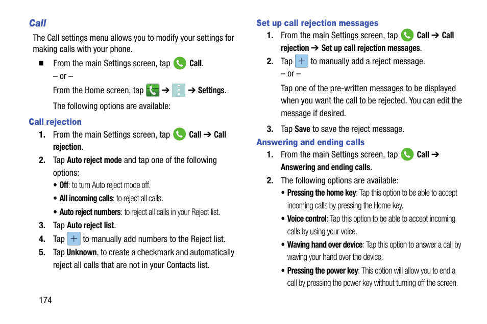 Call, Call rejection, Set up call rejection messages | Answering and ending calls | Samsung SM-G900AZKZAIO User Manual | Page 182 / 200