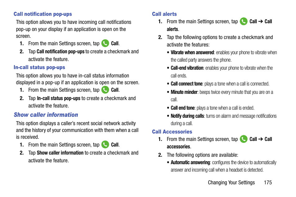 Call notification pop-ups, In-call status pop-ups, Show caller information | Call alerts, Call accessories | Samsung SM-G900AZKZAIO User Manual | Page 183 / 200