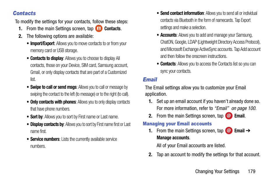 Contacts, Email, Managing your email accounts | Samsung SM-G900AZKZAIO User Manual | Page 187 / 200