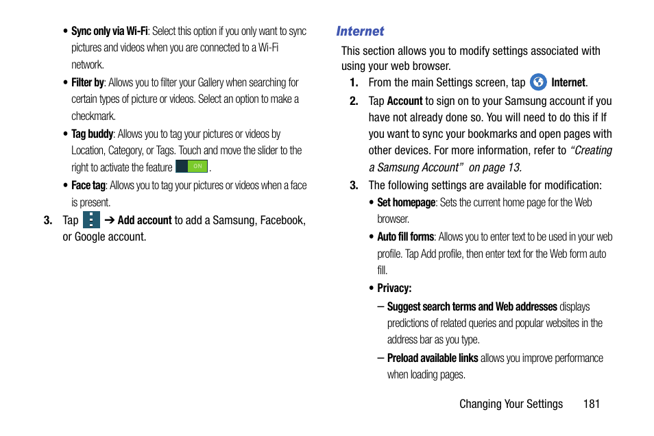 Internet | Samsung SM-G900AZKZAIO User Manual | Page 189 / 200