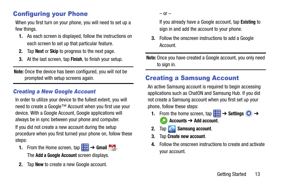Configuring your phone, Creating a new google account, Creating a samsung account | Configuring your phone creating a samsung account | Samsung SM-G900AZKZAIO User Manual | Page 21 / 200