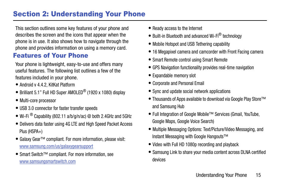 Section 2: understanding your phone, Features of your phone | Samsung SM-G900AZKZAIO User Manual | Page 23 / 200
