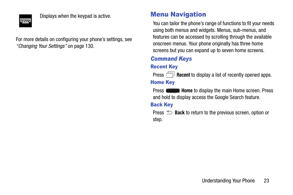 Menu navigation, Command keys, Recent key | Home key, Back key | Samsung SM-G900AZKZAIO User Manual | Page 31 / 200