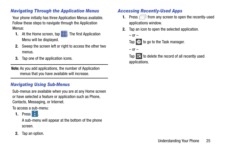 Navigating through the application menus, Navigating using sub-menus, Accessing recently-used apps | Samsung SM-G900AZKZAIO User Manual | Page 33 / 200