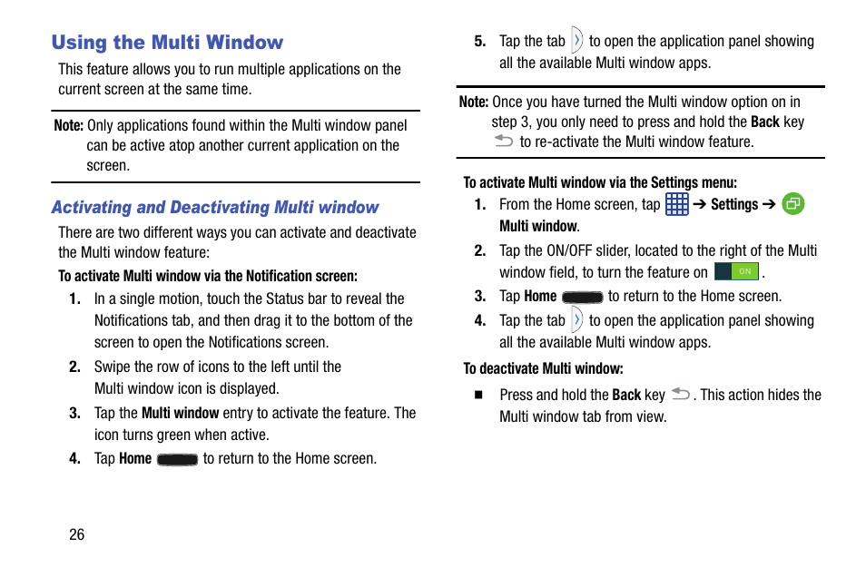 Using the multi window, Activating and deactivating multi window | Samsung SM-G900AZKZAIO User Manual | Page 34 / 200