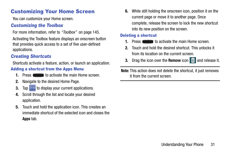 Customizing your home screen, Customizing the toolbox, Creating shortcuts | Adding a shortcut from the apps menu, Deleting a shortcut | Samsung SM-G900AZKZAIO User Manual | Page 39 / 200
