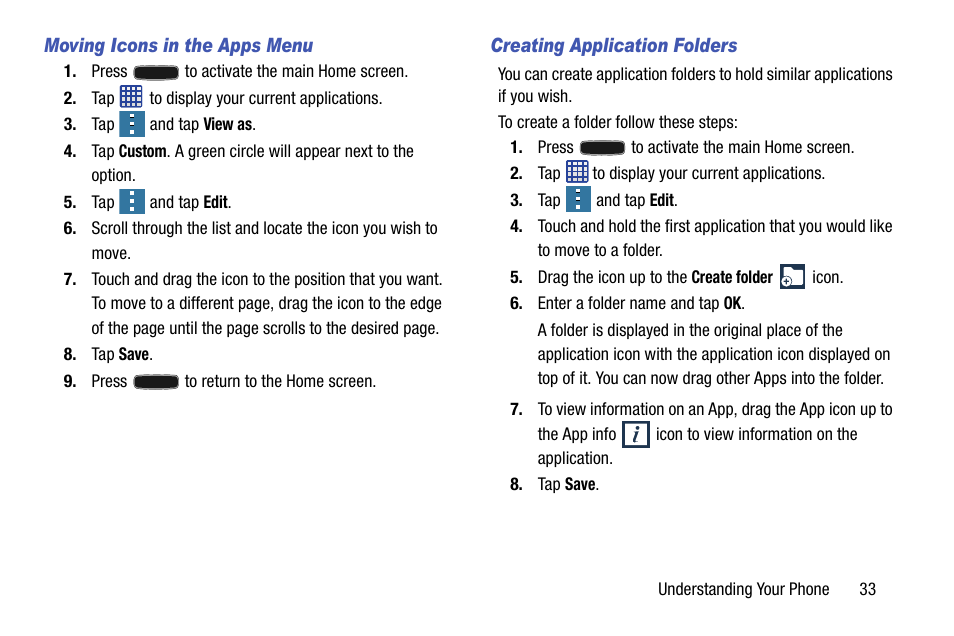 Moving icons in the apps menu, Creating application folders | Samsung SM-G900AZKZAIO User Manual | Page 41 / 200