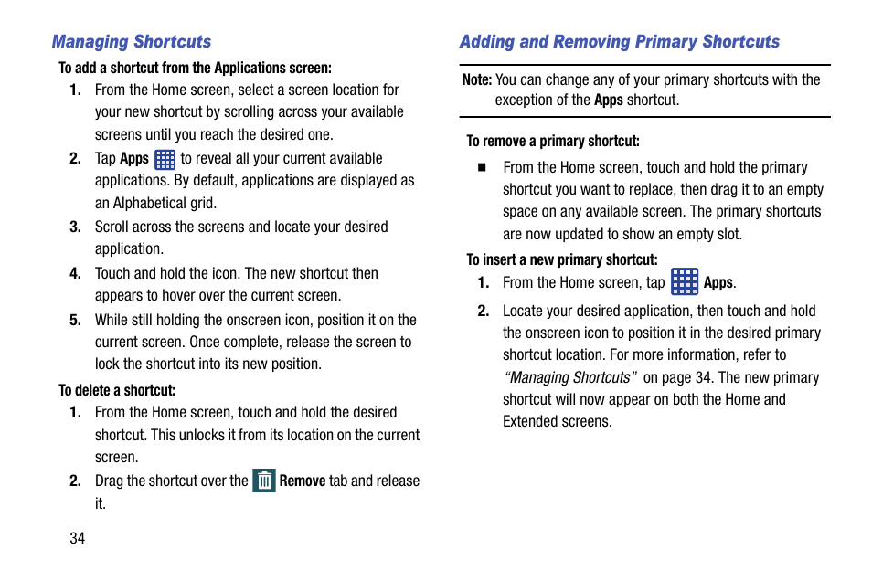 Managing shortcuts, Adding and removing primary shortcuts | Samsung SM-G900AZKZAIO User Manual | Page 42 / 200