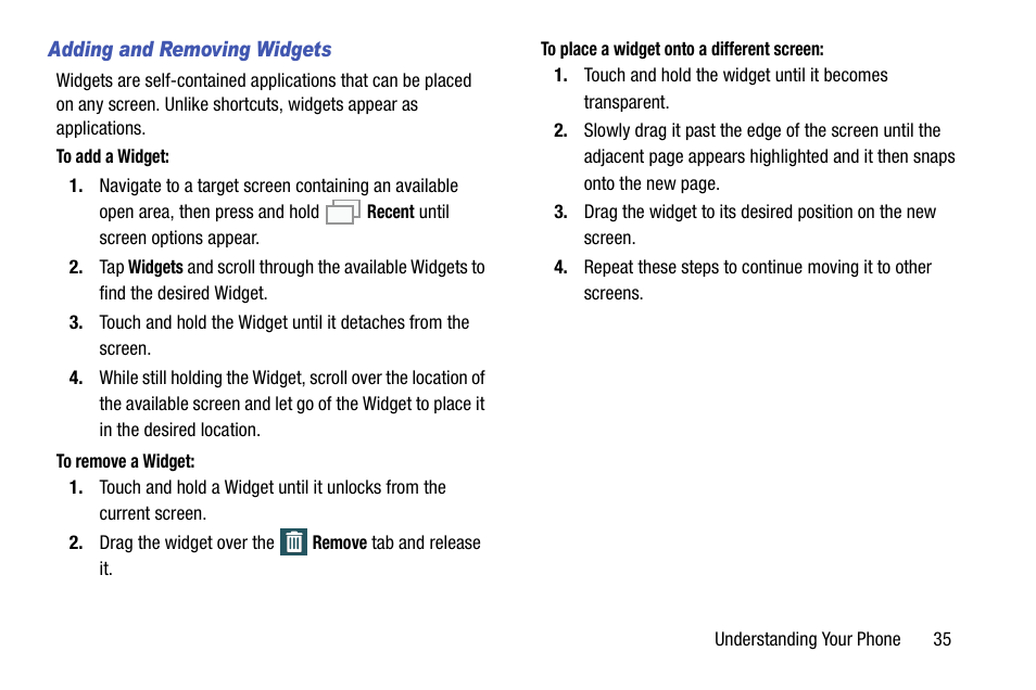 Adding and removing widgets | Samsung SM-G900AZKZAIO User Manual | Page 43 / 200