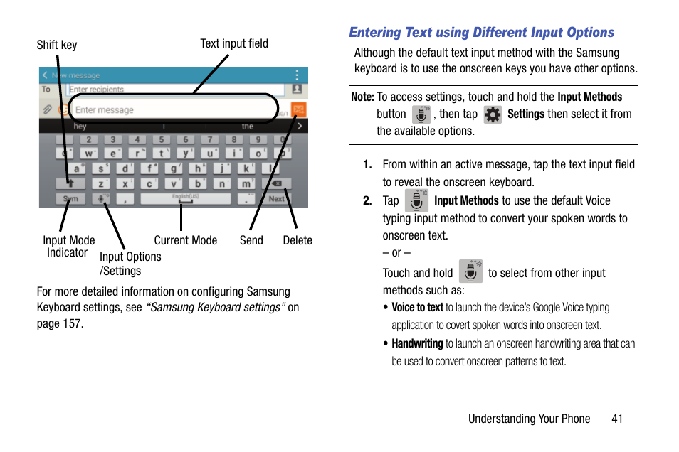 Entering text using different input options | Samsung SM-G900AZKZAIO User Manual | Page 49 / 200
